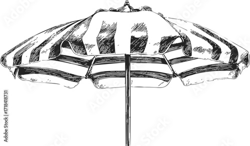 Beach umbrella sketch hand drawn with striped canopy, isolated on white — stock vector