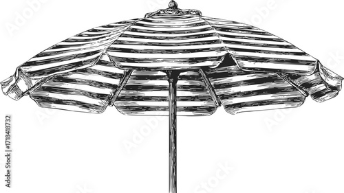 Beach umbrella sketch hand drawn striped canopy summer outdoor shade — stock vector