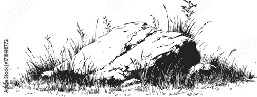 Rock formation sketch, hand drawn boulder with grass and plants in nature — stock vector