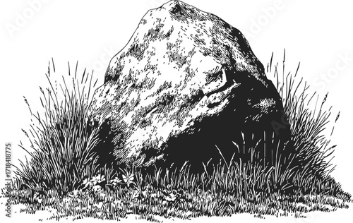 Rock boulder sketch hand drawn with grass and ground detail — stock vector