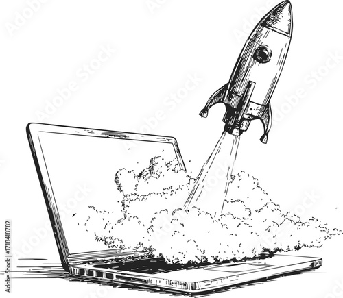 Rocket launching from laptop sketch, hand drawn style, symbolizing digital innovation — stock vector