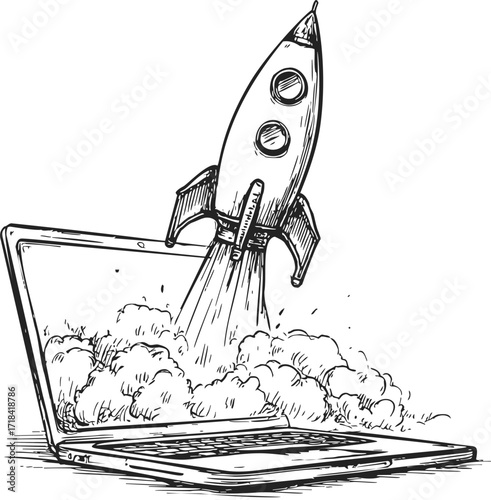 Rocket launching from laptop sketch, hand drawn style, symbolizing innovation, start up, technology boost, digital — stock vector