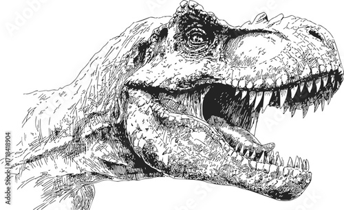Tyrannosaurus rex head sketch, hand drawn, roaring dinosaur profile with open mouth — stock vector