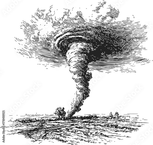 Tornado sketch hand drawn rural landscape with swirling funnel cloud — stock vector