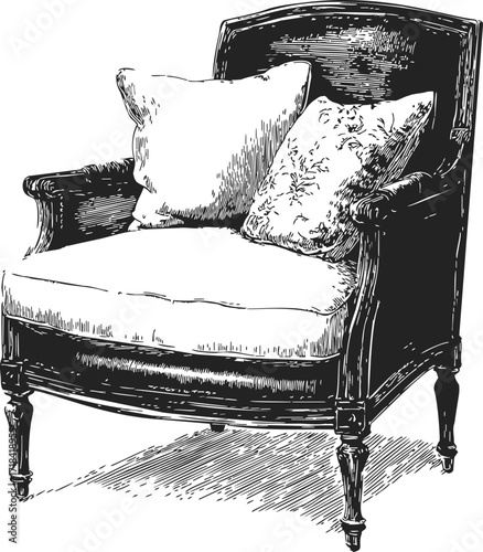 Armchair sketch hand drawn with cushions vintage style detailed illustration — stock vector