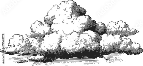 Cloud sketch hand drawn style detailed cumulus cloud with vintage etching lines — stock vector