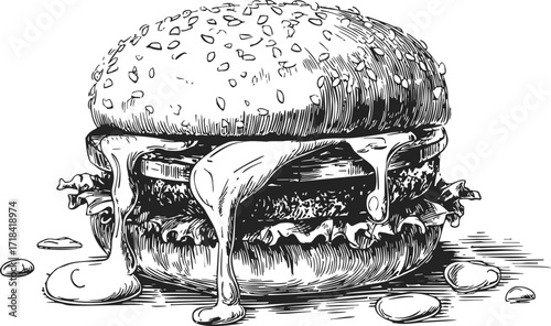 Cheeseburger sketch hand drawn with melting cheese and sesame bun — stock vector