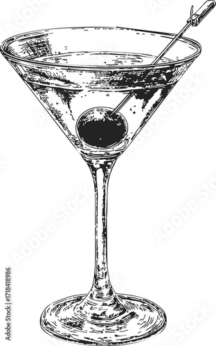 Martini glass sketch hand drawn with olive garnish on cocktail pick — stock vector
