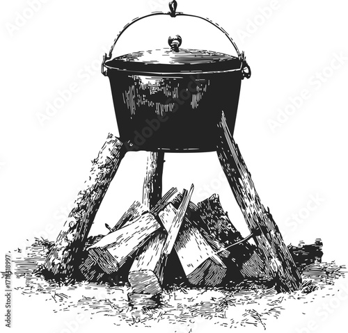 Cast iron pot sketch, hand drawn campfire tripod with firewood — stock vector