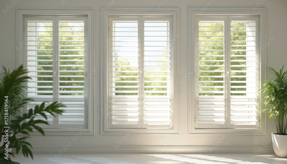 Fototapeta premium Sunlight streams through white plantation shutters, illuminating bright, warm interior. Natural light creates soft shadows, revealing lush garden view with trees. Minimalist, cosy home decor design.