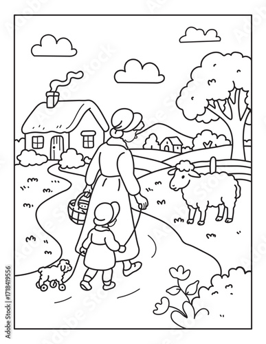 Happy Farm Animal Coloring Book, Cute Cows by the Barnyard, Playful Goats on the Farm, Little Ponies with Big Smiles, Peaceful Countryside Scenes, Fun & Easy Coloring for Kids , line art vector 