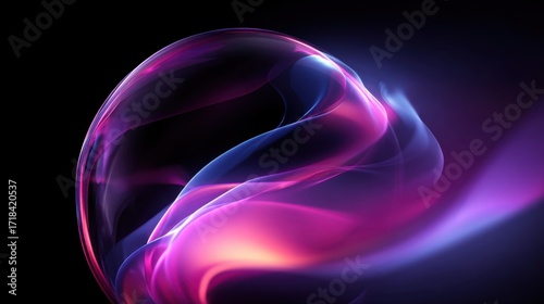 Abstract art with vibrant colorful light waves flowing inside a transparent sphere.