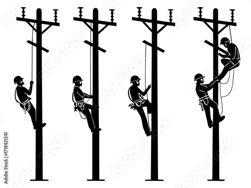 Iconographic Safety Display
Flat black utility pole silhouettes with six workers shown in progressive poses of climbing and maintaining the poles, helmets and safety gear clearly visible, styled like 
