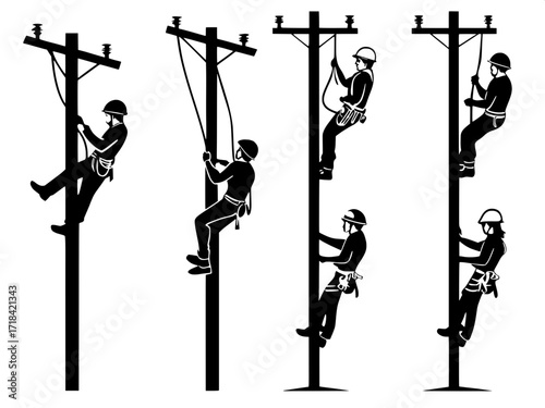 Iconographic Safety Display
Flat black utility pole silhouettes with six workers shown in progressive poses of climbing and maintaining the poles, helmets and safety gear clearly visible, styled like 