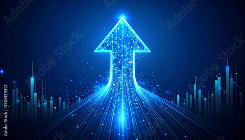 Glowing arrow ascends, symbolizing growth and progress