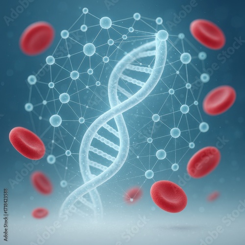 Futuristic biomarker network glowing along DNA double helix with floating blood cells and data particles precision diagnostics and predictive medicine visualization