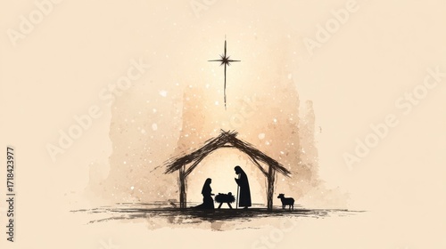 Simple hand-drawn nativity scene with stable, wise men, shepherds and star.