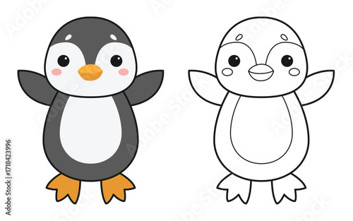 Cute cartoon penguin. Colouring page. Isolated white background. Vector illustration