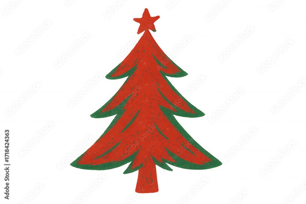 Fototapeta premium Festive red and green christmas tree illustration with star topper on transparent background for holiday design projects