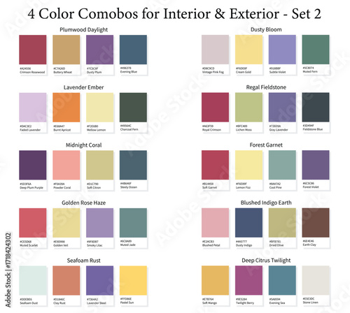 Interior and Exterior 4 Color Combination Palettes Set 2 - 10 Combos 3d for Kitchen, Rooms, Walls - with HEX Codes and Names, Colour Palette, Schemes