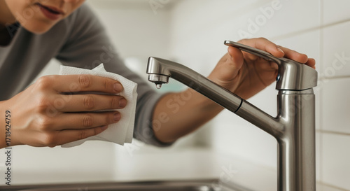 Cleaning kitchen faucet with microfiber cloth. Person wipes stainless steel tap in modern kitchen.  Clean faucet shines after disinfection.
