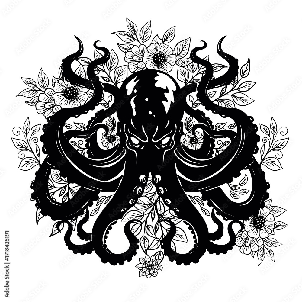 Obraz premium Intricate octopus design surrounded by floral elements in black and white style