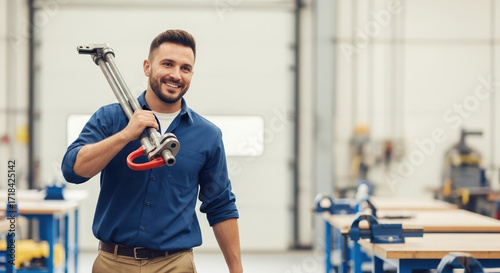 Happy factory worker carries metal equipment on shoulder. Smiling young man in blue shirt and khaki pants walks through workshop. Portrait of cheerful industrial worker with metal part.