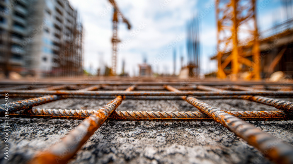 Obraz premium Close-up of rusted steel reinforcement bars laid on concrete surface at building construction site with cranes and structures blurred in background on sunny day