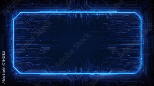 Futuristic Digital Circuit Frame with Glowing Blue Neon Lights and Technology Background.