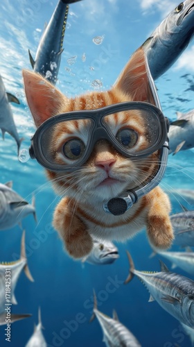 Playful orange kitten wearing snorkeling mask swimming underwater surrounded by fish.