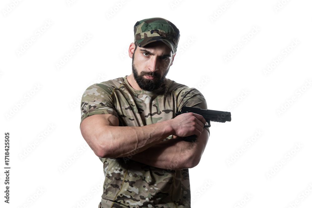 Fototapeta premium Military Man Holding Gun Isolated on White Background