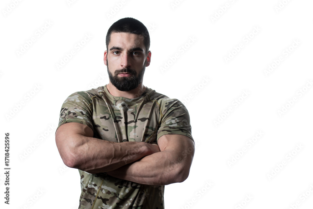 Obraz premium Portrait of Soldier Arms Crossed on White Background