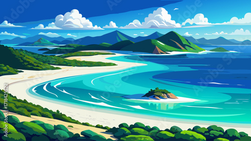 Whitehaven Beach in Australia, pristine white silica sand stretching along turquoise ocean, lush green islands in the background, a tropical paradise