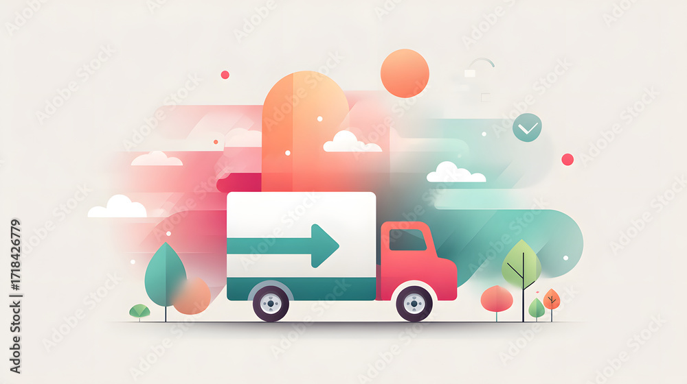 Fototapeta premium A vibrant truck drives forward, symbolizing progress with colorful, dynamic background elements.