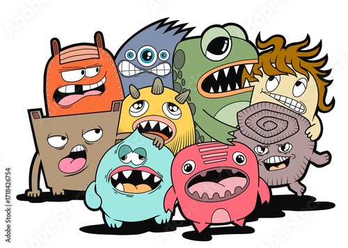 Hand-drawn illustrations, monsters doodle, Hand Drawn cartoon monster illustration,Cartoon crowd doodle hand-drawn Doodle style.