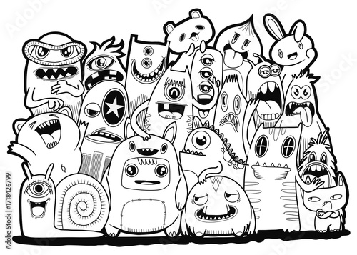 Hand-drawn illustrations, monsters doodle, Hand Drawn cartoon monster illustration,Cartoon crowd doodle hand-drawn Doodle style.black and white stripes coloring  book.