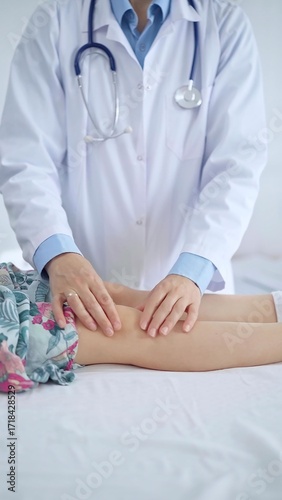 Doctor and kid patient. Orthopedist examining girl's knee in medical clinic. Medicine and health care