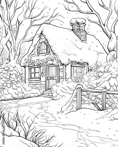 Charming snow-covered cottage in a winter wonderland coloring page