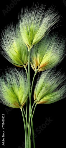A close-up view of a vibrant bouquet of pale green grasses against a stark black background, showcasing delicate textures and feathery details.