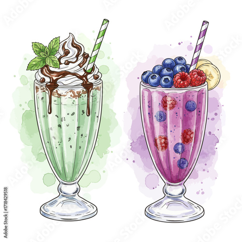 Deliciously creamy dessert beverages with fresh fruit and refreshing mint, perfect for a sweet treat or a cool refreshment on a warm day
