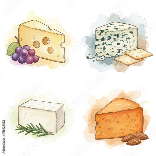 Selection of Cheeses Brie, Swiss, Blue, and Mimolette with Garnishes
