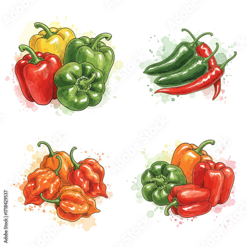 A colorful illustrated collection of various pepper types, showcasing a concept of fresh and spicy vegetable ingredients like bell, chili, and habanero