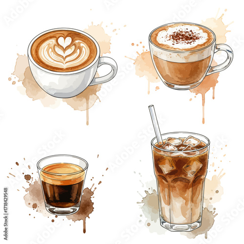 Delicious Watercolor Illustration of Coffee Drinks Latte, Cappuccino, Espresso, and Iced Coffee