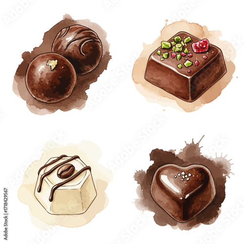 Assortment of exquisitely crafted gourmet chocolates, featuring a heart-shaped delight, a square piece topped with nuts, and round truffles, presented in a watercolor style