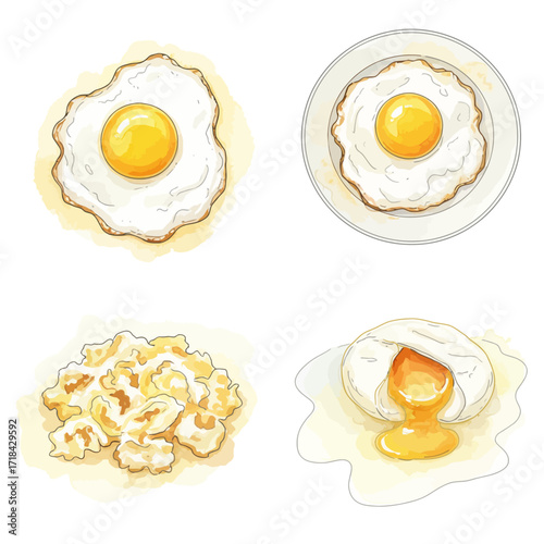 A vibrant collection of hand-drawn egg preparations, featuring sunny-side-up, scrambled, and perfectly poached eggs with a runny yolk, ideal for breakfast menus, culinary blogs, and recipe books