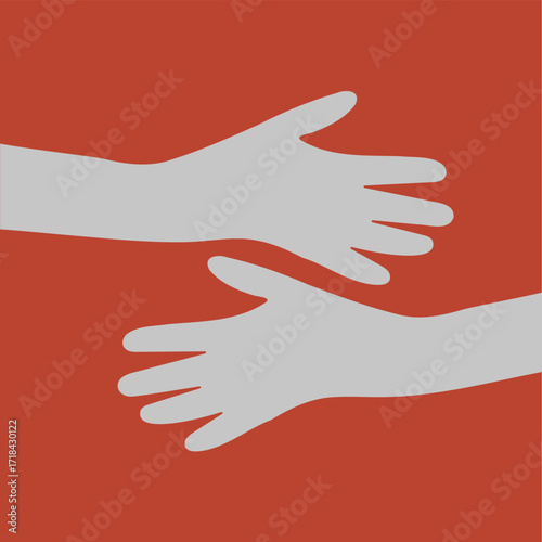 Hands hugs vector minimalist flat style reaching gesture on red background, stock vector
