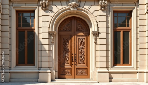 Ornate wooden double doors grace beige stone building facade. Intricate wood carvings adorn grand entranceway, framed by classical architectural details. Two windows flank doors, casting shadows on