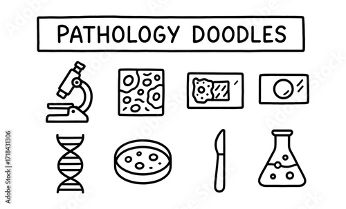 Pathology doodle set featuring microscope, dna, and lab equipment