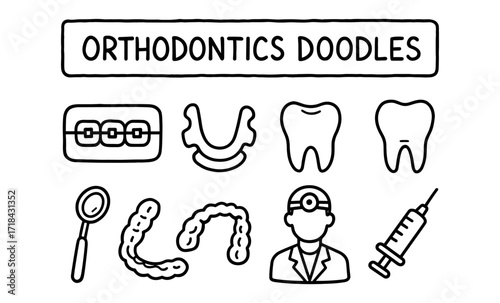 Orthodontics doodles collection featuring dental elements and tools