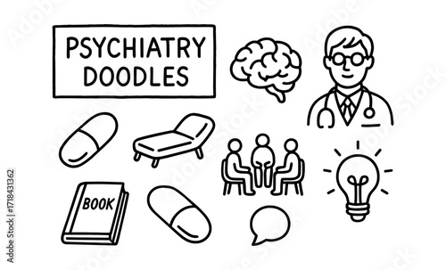 Psychiatry doodles set with mental health icons and illustrations